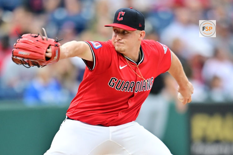 Sep 13, 2025; Cleveland, Ohio, USA; Cleveland Guardians starting pitcher Parker Messick (77) throws a pitch against the Chicago White Sox during the first inning at Progressive Field. Credit: Ken Blaze-Imagn Images
