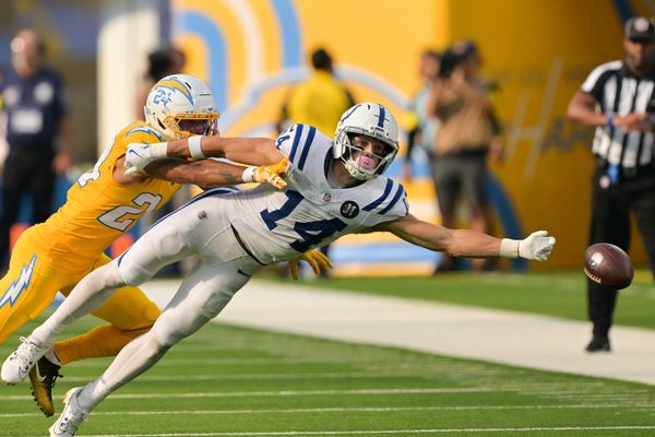 Oct 19, 2025; Inglewood, California, USA; Los Angeles Chargers defensive back Elijah Molden (2) breaks up a pass for Indianapolis Colts wide receiver Alec Pierce (14) in the second half at SoFi Stadium. Mandatory Credit: Jayne Kamin-Oncea-Imagn Images