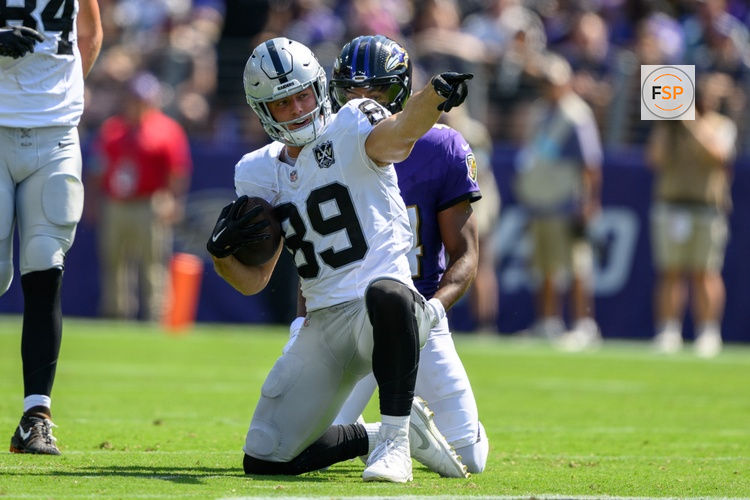 Sep 15, 2024; Baltimore, Maryland, USA; Las Vegas Raiders tight end Brock Bowers (89) reacts after a play during the first half against the Baltimore Ravens at M&T Bank Stadium. Credit: Reggie Hildred-Imagn Images