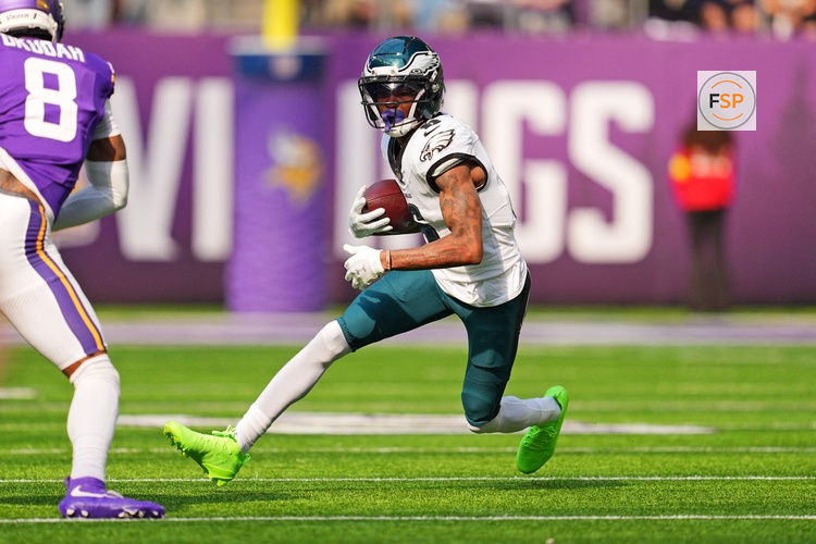Oct 19, 2025; Minneapolis, Minnesota, USA; Philadelphia Eagles wide receiver Devonta Smith (6) runs the ball during the first half against the Minnesota Vikings at U.S. Bank Stadium. Credit: Brad Rempel-Imagn Images
