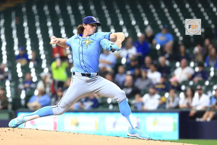MILWAUKEE, WI - APRIL 29: Tampa Bay Rays pitcher Ryan Pepiot (44) pitches during a game between the Milwaukee Brewers and the Tampa Bay Rays at American Family Field on April 29, 2024 in Milwaukee, WI. (Photo by Larry Radloff/Icon Sportswire)