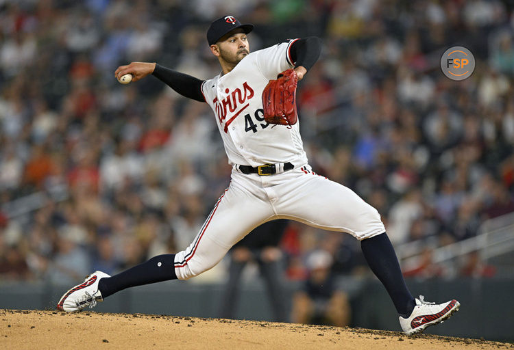 MINNEAPOLIS, MN - SEPTEMBER 22: Minnesota Twins Pitcher Pablo Lopez (49) delivers a pitch during a MLB game between the Minnesota Twins and Los Angeles Angels on September 22, 2023, at Target Field in Minneapolis, MN. (Photo by Nick Wosika/Icon Sportswire)