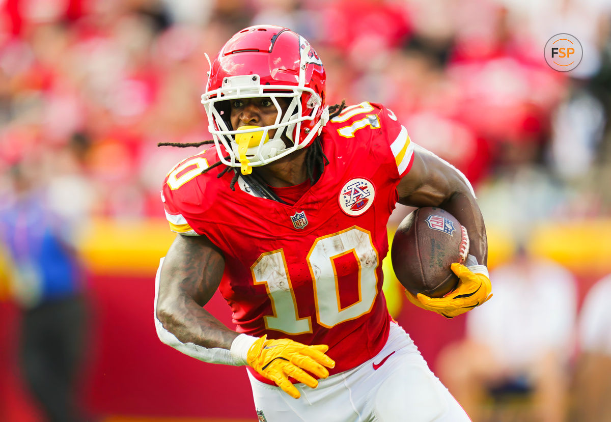 Sep 15, 2024; Kansas City, Missouri, USA; Kansas City Chiefs running back Isiah Pacheco (10) runs the ball during the first half against the Cincinnati Bengals at GEHA Field at Arrowhead Stadium. Credit: Jay Biggerstaff-Imagn Images