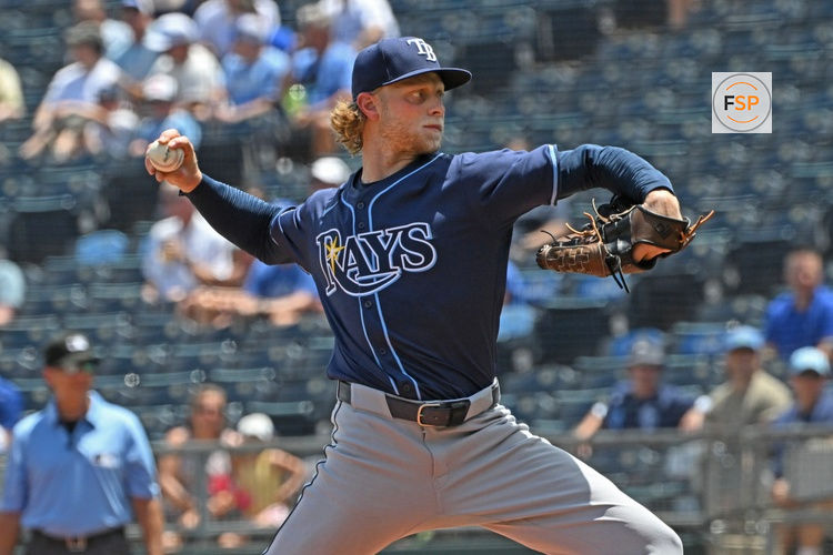 Jun 26, 2025; Kansas City, Missouri, USA;  Tampa Bay Rays starting pitcher Shane Baz (11) throws a pitch in the first inning against the Kansas City Royals at Kauffman Stadium. Credit: Peter Aiken-Imagn Images