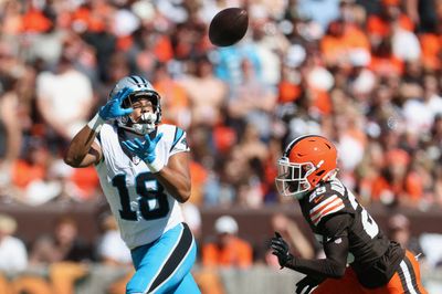 Sep 27, 2026; Cleveland, Ohio, USA;  Carolina Panthers wide receiver Jalen Coker (18) makes a catch defended by Cleveland Browns cornerback Mekhi Blackmon (29) during the second quarter at Huntington Bank Field.  Mandatory Credit: Scott Galvin-Imagn Images
