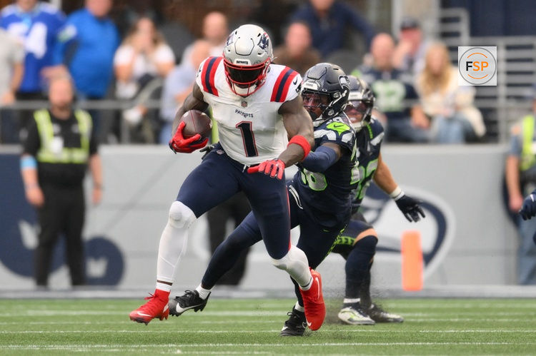 Sep 9, 2026; Seattle, Washington, USA;  New England Patriots wide receiver A.J. Brown (1) runs after a catch during the second quarter against the Seattle Seahawks at Lumen Field.  Credit: Steven Bisig-Imagn Images