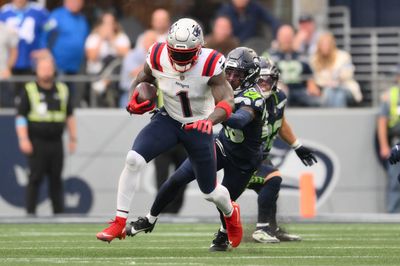 Sep 9, 2026; Seattle, Washington, USA;  New England Patriots wide receiver A.J. Brown (1) runs after a catch during the second quarter against the Seattle Seahawks at Lumen Field.  Mandatory Credit: Steven Bisig-Imagn Images
