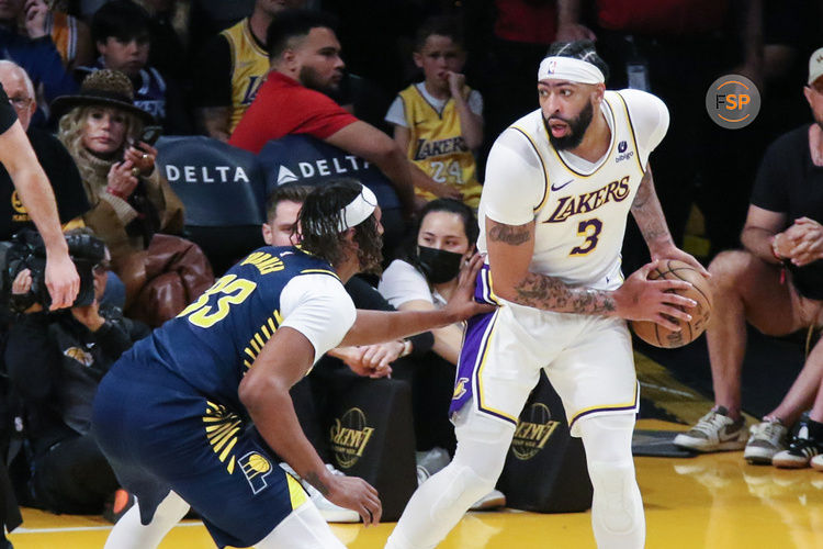 LOS ANGELES, CA - MARCH 24 : Los Angeles Lakers forward Anthony Davis (3) guarded by Indiana Pacers center Myles Turner (33) during the Indiana Pacers vs Los Angeles Lakers game on March 24, 2024, at Crypto.com Arena in Los Angeles, CA. (Photo by Jevone Moore/Icon Sportswire)