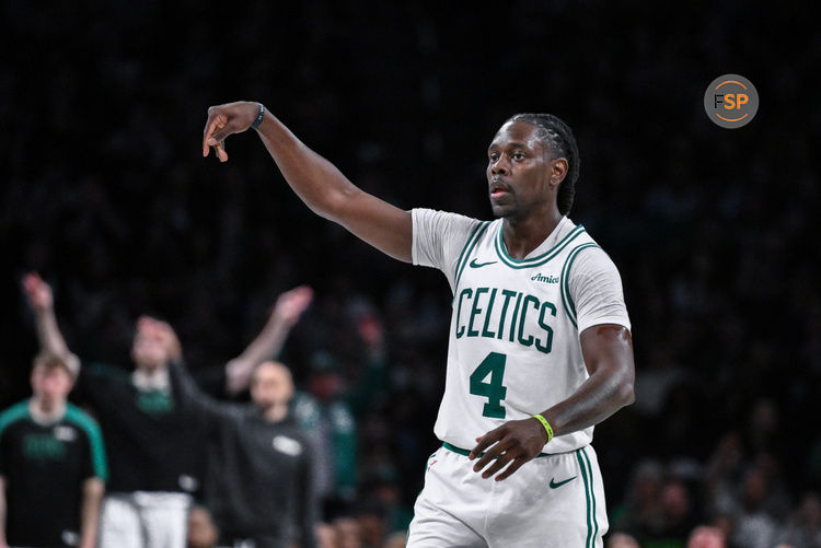 Mar 15, 2025; Brooklyn, New York, USA; Boston Celtics guard Jrue Holiday (4) reacts after making a three point shot ]against the Brooklyn Nets during the second half at Barclays Center. Credit: John Jones-Imagn Images