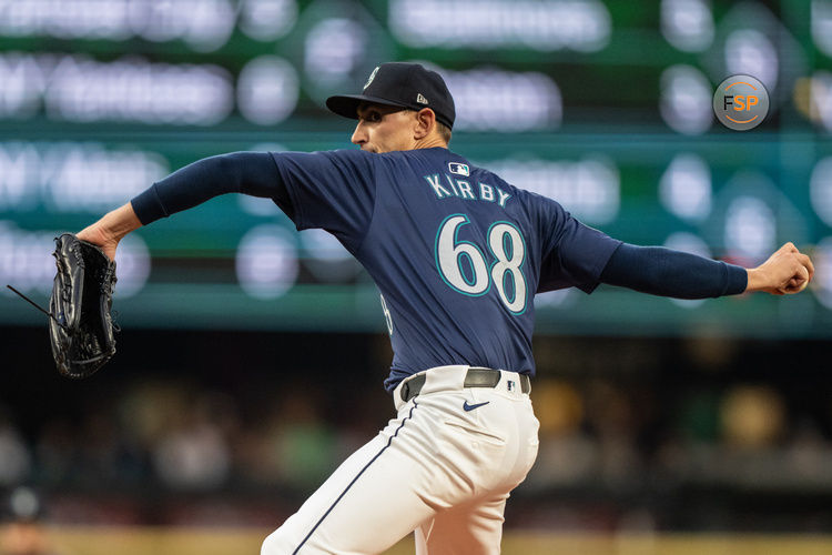 Sep 10, 2024; Seattle, Washington, USA;  Seattle Mariners starter George Kirby (68) delivers a pitch during the second inning against the San Diego Padres at T-Mobile Park. Credit: Stephen Brashear-Imagn Images