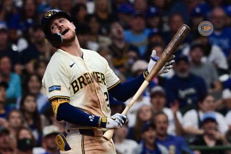 Aug 15, 2024; Milwaukee, Wisconsin, USA;  Milwaukee Brewers second baseman Brice Turang (2) reacts after striking out against the Los Angeles Dodgers in the seventh inning at American Family Field. Credit: Benny Sieu-USA TODAY Sports