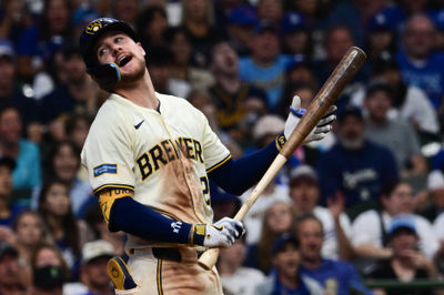 Aug 15, 2024; Milwaukee, Wisconsin, USA;  Milwaukee Brewers second baseman Brice Turang (2) reacts after striking out against the Los Angeles Dodgers in the seventh inning at American Family Field. Mandatory Credit: Benny Sieu-USA TODAY Sports