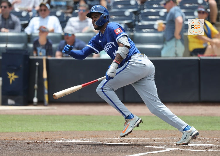 May 1, 2025; St. Petersburg, Florida, USA; Kansas City Royals third base Maikel Garcia (11) singles against the Tampa Bay Rays during the second inning  at George M. Steinbrenner Field. Credit: Kim Klement Neitzel-Imagn Images