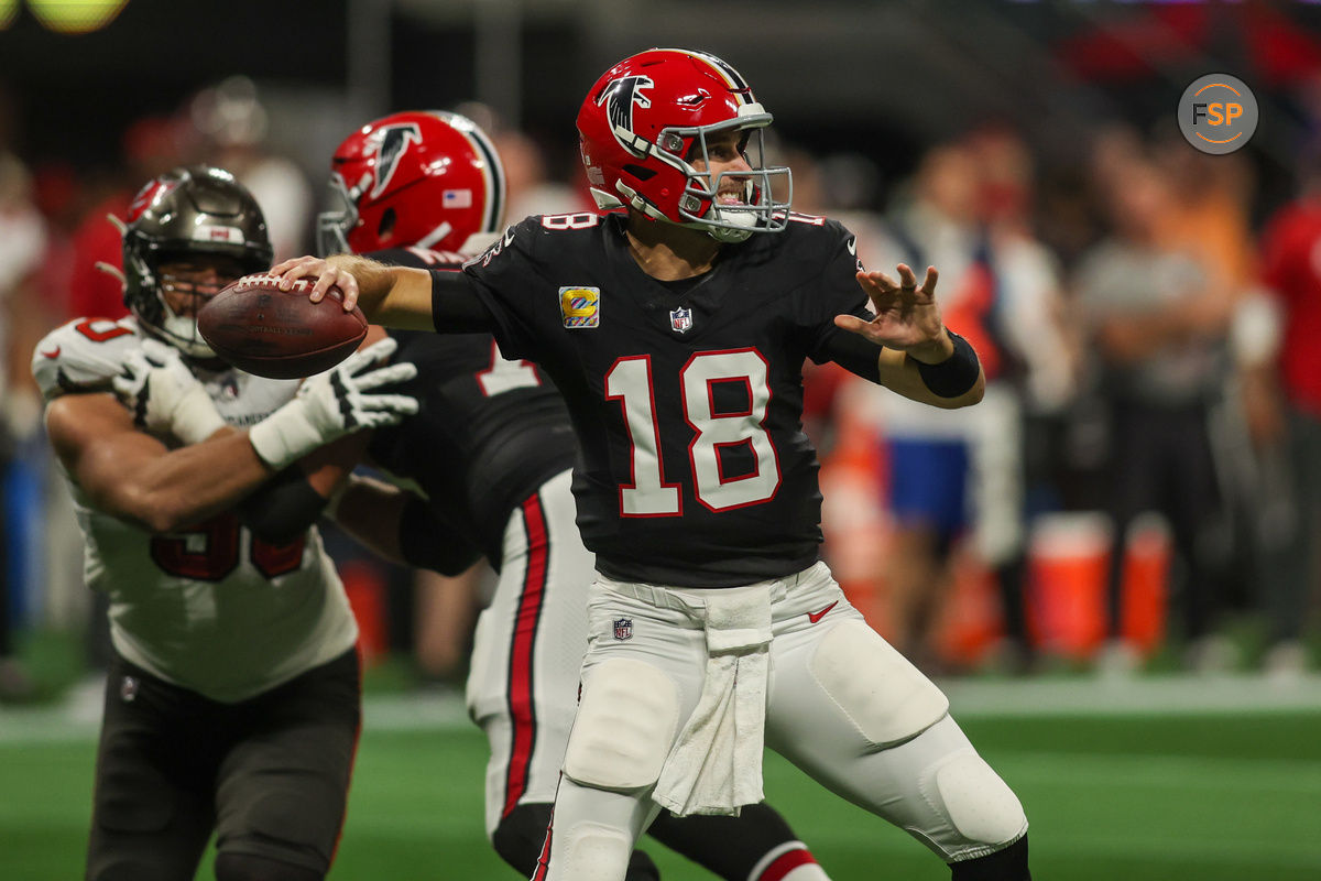 Oct 3, 2024; Atlanta, Georgia, USA; Atlanta Falcons quarterback Kirk Cousins (18) throws against the Tampa Bay Buccaneers in the second quarter at Mercedes-Benz Stadium. Credit: Brett Davis-Imagn Images
