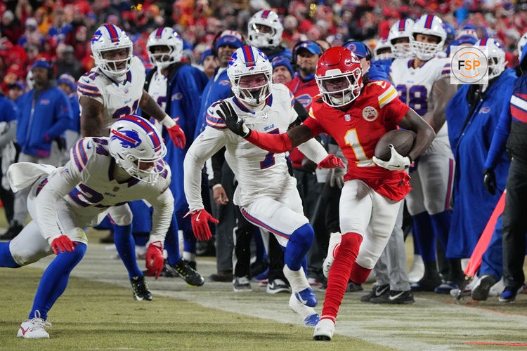 Jan 26, 2025; Kansas City, MO, USA; Kansas City Chiefs wide receiver Xavier Worthy (1) makes a catch against Buffalo Bills safety Cole Bishop (24) in the AFC Championship game at GEHA Field at Arrowhead Stadium. Credit: Denny Medley-Imagn Images