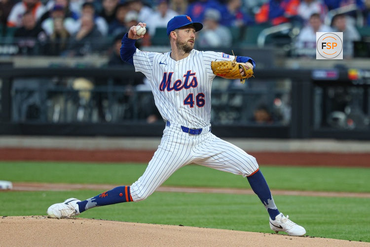 Apr 17, 2025; New York City, New York, USA; New York Mets starting pitcher Griffin Canning (46) delivers a pitch during the first inning against the St. Louis Cardinals at Citi Field. Credit: Vincent Carchietta-Imagn Images