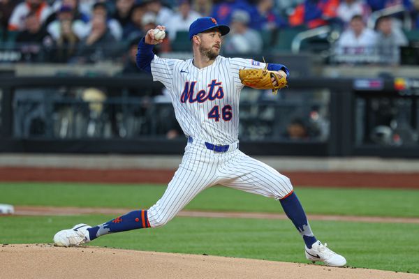 Apr 17, 2025; New York City, New York, USA; New York Mets starting pitcher Griffin Canning (46) delivers a pitch during the first inning against the St. Louis Cardinals at Citi Field. Mandatory Credit: Vincent Carchietta-Imagn Images