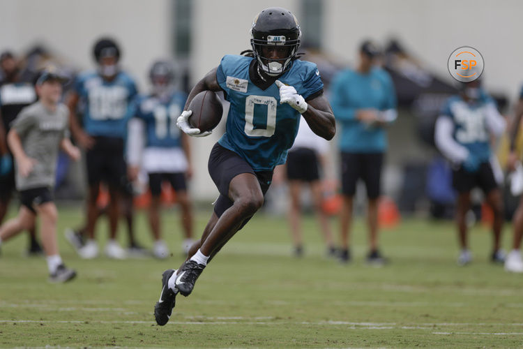 JACKSONVILLE, FL - JULY 31: Jacksonville Jaguars Wide Receiver Calvin Ridley (0) runs with the ball during Training Camp on July 31, 2023 at the Miller Electric Center in Jacksonville, Fl. (Photo by David Rosenblum/Icon Sportswire)