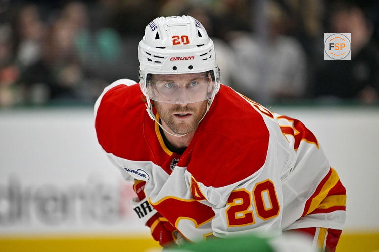 Apr 7, 2026; Dallas, Texas, USA; Calgary Flames left wing Blake Coleman (20) looks on during the first period against the Dallas Stars at the American Airlines Center. Credit: Jerome Miron-Imagn Images