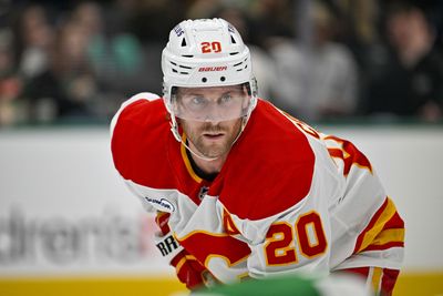 Apr 7, 2026; Dallas, Texas, USA; Calgary Flames left wing Blake Coleman (20) looks on during the first period against the Dallas Stars at the American Airlines Center. Mandatory Credit: Jerome Miron-Imagn Images