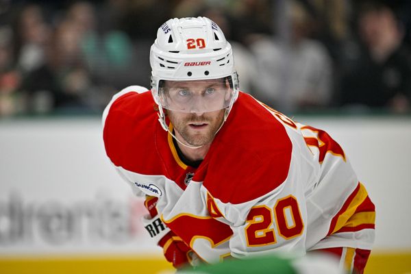 Apr 7, 2026; Dallas, Texas, USA; Calgary Flames left wing Blake Coleman (20) looks on during the first period against the Dallas Stars at the American Airlines Center. Mandatory Credit: Jerome Miron-Imagn Images