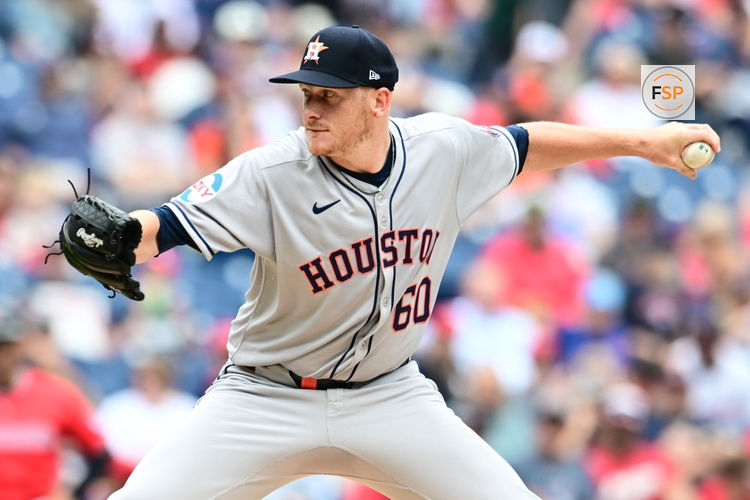 Jun 8, 2025; Cleveland, Ohio, USA; Houston Astros starting pitcher Brandon Walter (60) throws a pitch during the first inning against the Cleveland Guardians at Progressive Field. Credit: Ken Blaze-Imagn Images