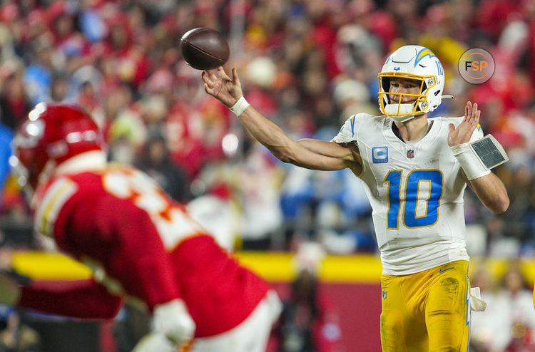 Dec 8, 2024; Kansas City, Missouri, USA; Los Angeles Chargers quarterback Justin Herbert (10) throws a pass during the second half against the Kansas City Chiefs at GEHA Field at Arrowhead Stadium. Credit: Jay Biggerstaff-Imagn Images