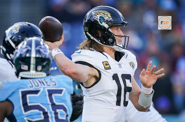 Jacksonville Jaguars quarterback Trevor Lawrence (16) passes the ball during the third quarter against the Tennessee Titans at Nissan Stadium in Nashville, Tenn., Sunday, Nov. 30, 2025.