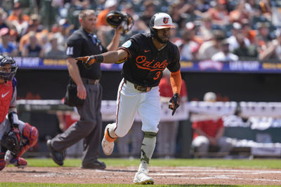 May 18, 2025; Baltimore, Maryland, USA; Baltimore Orioles center fielder Cedric Mullins (31) reacts to hitting a home run against the Washington Nationals during the fifth inning at Oriole Park at Camden Yards. Mandatory Credit: Gregory Fisher-Imagn Images