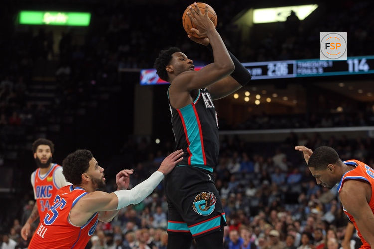 Jan 9, 2026; Memphis, Tennessee, USA; Memphis Grizzlies forward/center Jaren Jackson Jr. (8) shoots during the fourth quarter against the Oklahoma City Thunder at FedExForum. Credit: Petre Thomas-Imagn Images