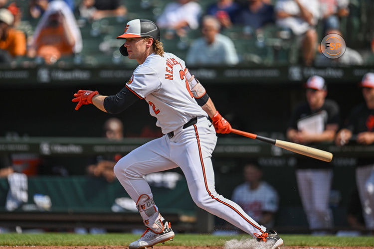 Jul 29, 2024; Baltimore, Maryland, USA; Baltimore Orioles shortstop Gunnar Henderson (2) at bat during the first inning against the Toronto Blue Jays at Oriole Park at Camden Yards. Credit: Reggie Hildred-USA TODAY Sports