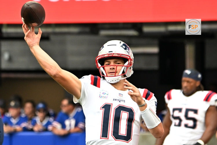 Oct 4, 2026; Orchard Park, New York, USA;  Drake Maye #10 of the New England Patriots warms up before he game against the Buffalo Bills at New Highmark Stadium.  Credit: Mark Konezny-Imagn Images