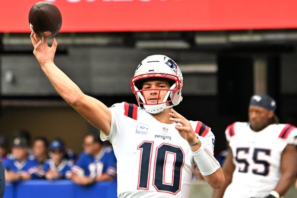 Oct 4, 2026; Orchard Park, New York, USA;  Drake Maye #10 of the New England Patriots warms up before he game against the Buffalo Bills at New Highmark Stadium.  Mandatory Credit: Mark Konezny-Imagn Images