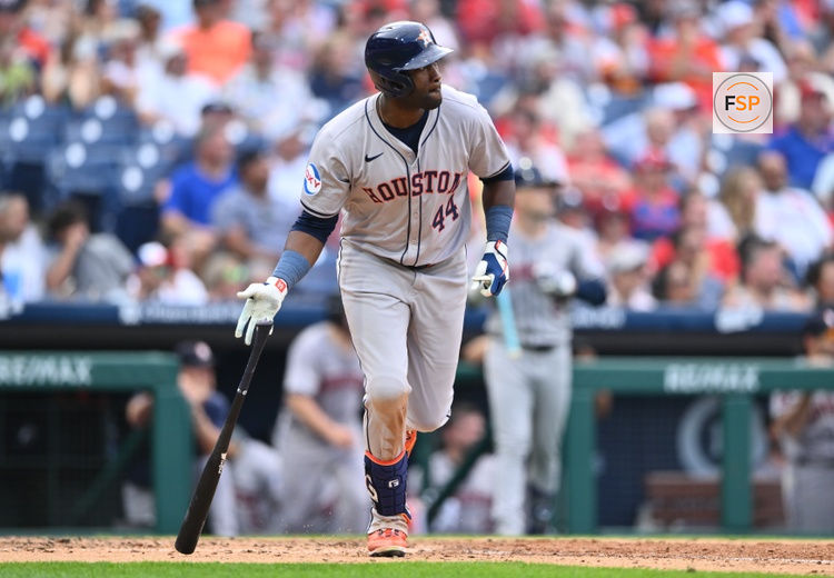 Aug 28, 2024; Philadelphia, Pennsylvania, USA; Houston Astros outfielder Yordan Alvarez (44) looks on after hitting a home run against the Philadelphia Phillies in the seventh inning at Citizens Bank Park. Credit: Kyle Ross-USA TODAY Sports