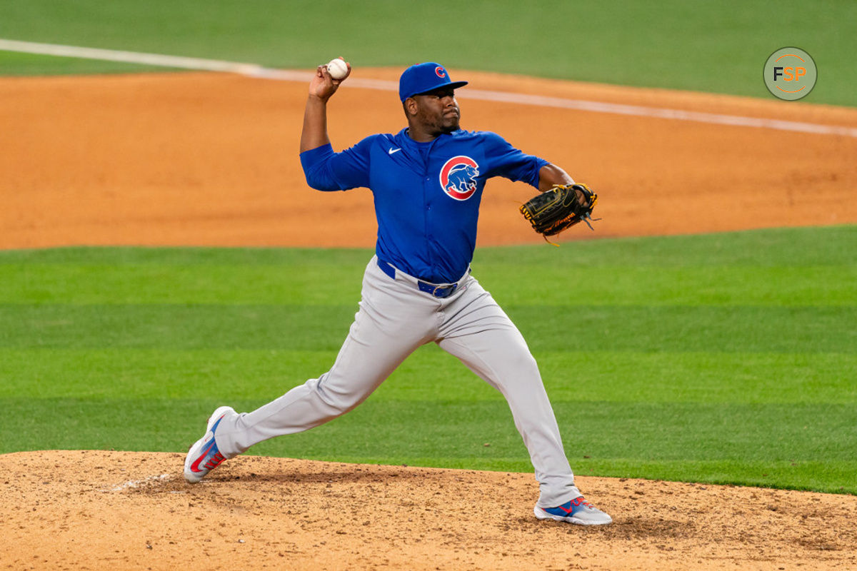 ARLINGTON, TX - MARCH 28: Chicago Cubs relief pitcher Hector Neris (51) pitches during opening day of the 2024 season between the Chicago Cubs and the Texas Rangers on March 28, 2024 at Globe Life Field in Arlington, TX. (Photo by Chris Leduc/Icon Sportswire)