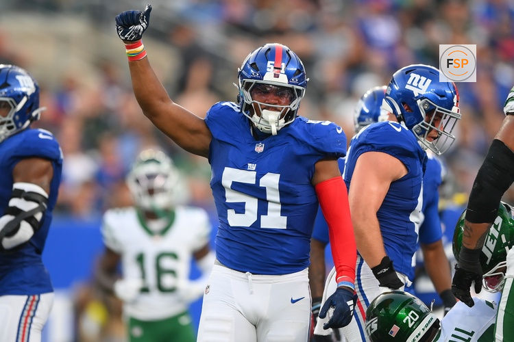 Aug 16, 2025; East Rutherford, New Jersey, USA; New York Giants linebacker Abdul Carter (51) reacts to a play against the New York Jets during the first half at MetLife Stadium. Credit: Rich Barnes-Imagn Images
