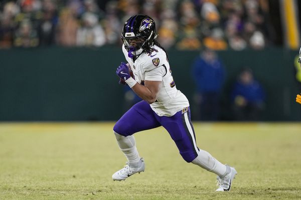 Dec 27, 2025; Green Bay, Wisconsin, USA;  Baltimore Ravens running back Keaton Mitchell (34) during the game against the Baltimore Ravens at Lambeau Field. Mandatory Credit: Jeff Hanisch-Imagn Images