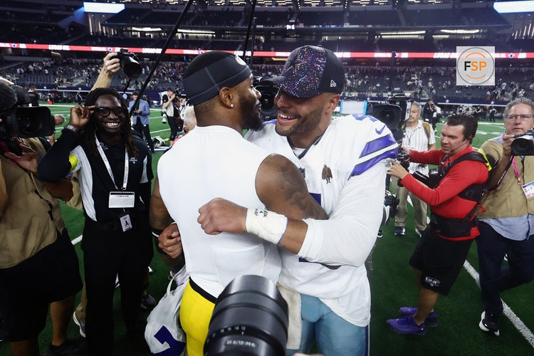 Sep 28, 2025; Arlington, Texas, USA; Dallas Cowboys quarterback Dak Prescott (4) and Green Bay Packers defensive end Micah Parsons (1) embrace after the game at AT&T Stadium. Credit: Kevin Jairaj-Imagn Images