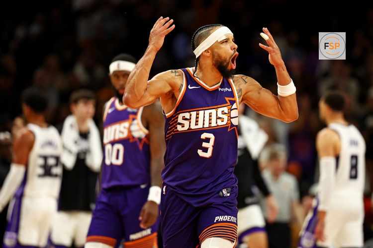 Oct 22, 2025; Phoenix, Arizona, USA; Phoenix Suns forward Dillon Brooks (3) reacts to a play during the second half against the Sacramento Kings at the Mortgage Matchup Center. Credit: Mark J. Rebilas-Imagn Images