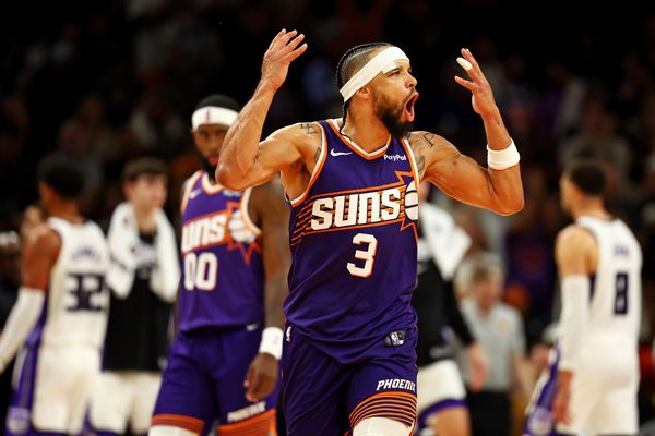 Oct 22, 2025; Phoenix, Arizona, USA; Phoenix Suns forward Dillon Brooks (3) reacts to a play during the second half against the Sacramento Kings at the Mortgage Matchup Center. Mandatory Credit: Mark J. Rebilas-Imagn Images