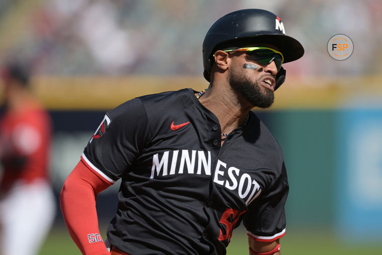 Sep 19, 2024; Cleveland, Ohio, USA; Minnesota Twins shortstop Willi Castro (50) rounds third base en route to scoring during the fifth inning against the Cleveland Guardians at Progressive Field. Credit: Ken Blaze-Imagn Images