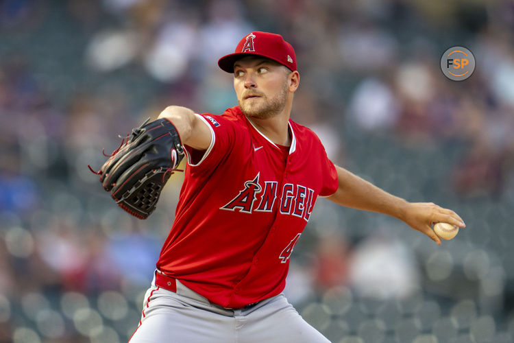 Sep 9, 2024; Minneapolis, Minnesota, USA; Los Angeles Angels starting pitcher Reid Detmers (48) delivers a pitch against the Minnesota Twins in the first inning at Target Field. Credit: Jesse Johnson-Imagn Images