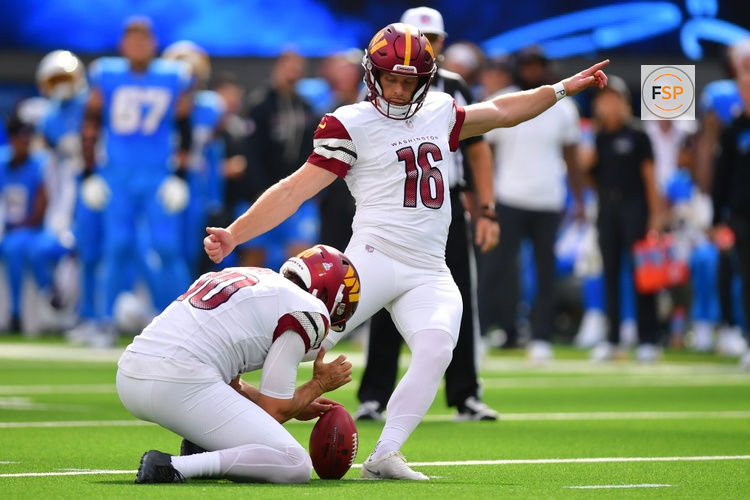 Oct 5, 2025; Inglewood, California, USA; Washington Commanders kicker Matt Gay (16) kicks a field goal against the Los Angeles Chargers in the first half  at SoFi Stadium. Credit: Gary A. Vasquez-Imagn Images