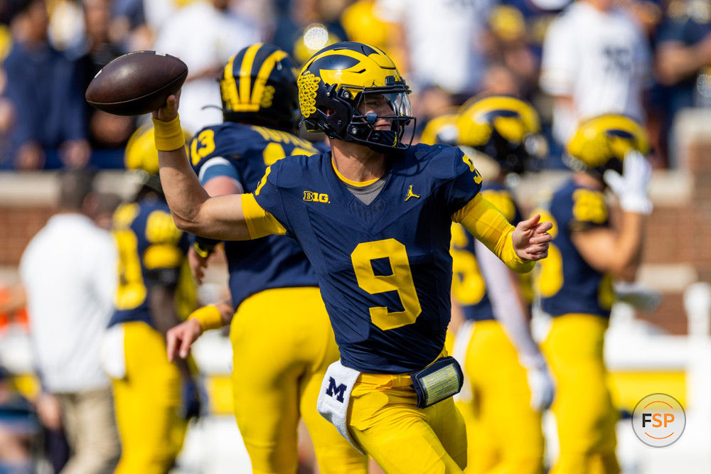 ANN ARBOR, MI - SEPTEMBER 23: Michigan Wolverines quarterback J.J. McCarthy (9) warms up before the college men’s football game between the Rutgers Scarlet Knights and the Michigan Wolverines on September 23, 2023 at Michigan Stadium in Ann Arbor, MI. (Photo by Bob Kupbens/Icon Sportswire)
