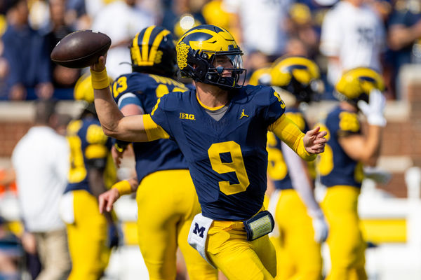 ANN ARBOR, MI - SEPTEMBER 23: Michigan Wolverines quarterback J.J. McCarthy (9) warms up before the college men’s football game between the Rutgers Scarlet Knights and the Michigan Wolverines on September 23, 2023 at Michigan Stadium in Ann Arbor, MI. (Photo by Bob Kupbens/Icon Sportswire)