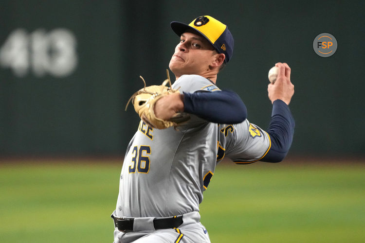 Sep 14, 2024; Phoenix, Arizona, USA; Milwaukee Brewers pitcher Tobias Myers (36) throws against the Arizona Diamondbacks in the first inning at Chase Field. Credit: Rick Scuteri-Imagn Images