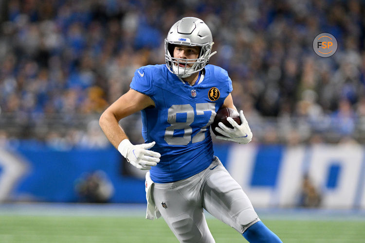 Nov 23, 2023; Detroit, Michigan, USA; Detroit Lions tight end Sam LaPorta (87) catches a touchdown pass from quarterback Jared Goff (16) (not pictured) in the first quarter at Ford Field. Credit: Lon Horwedel-USA TODAY Sports