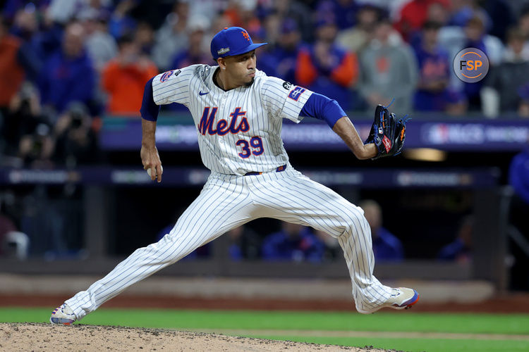 Oct 18, 2024; New York City, New York, USA; New York Mets relief pitcher Edwin Diaz (39) pitches against the Los Angeles Dodgers during the ninth inning of game five of the NLCS during the 2024 MLB playoffs at Citi Field. Credit: Brad Penner-Imagn Images