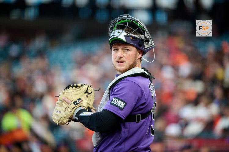 Jul 10, 2026; San Francisco, California, USA; Colorado Rockies catcher Hunter Goodman (15) looks on during the first inning against the San Francisco Giants at Oracle Park. Credit: Robert Edwards-Imagn Images