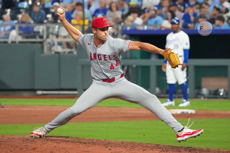 Aug 20, 2024; Kansas City, Missouri, USA; Los Angeles Angels pitcher Ben Joyce (44) delivers a pitch against the Kansas City Royals in the ninth inning at Kauffman Stadium. Credit: Denny Medley-USA TODAY Sports